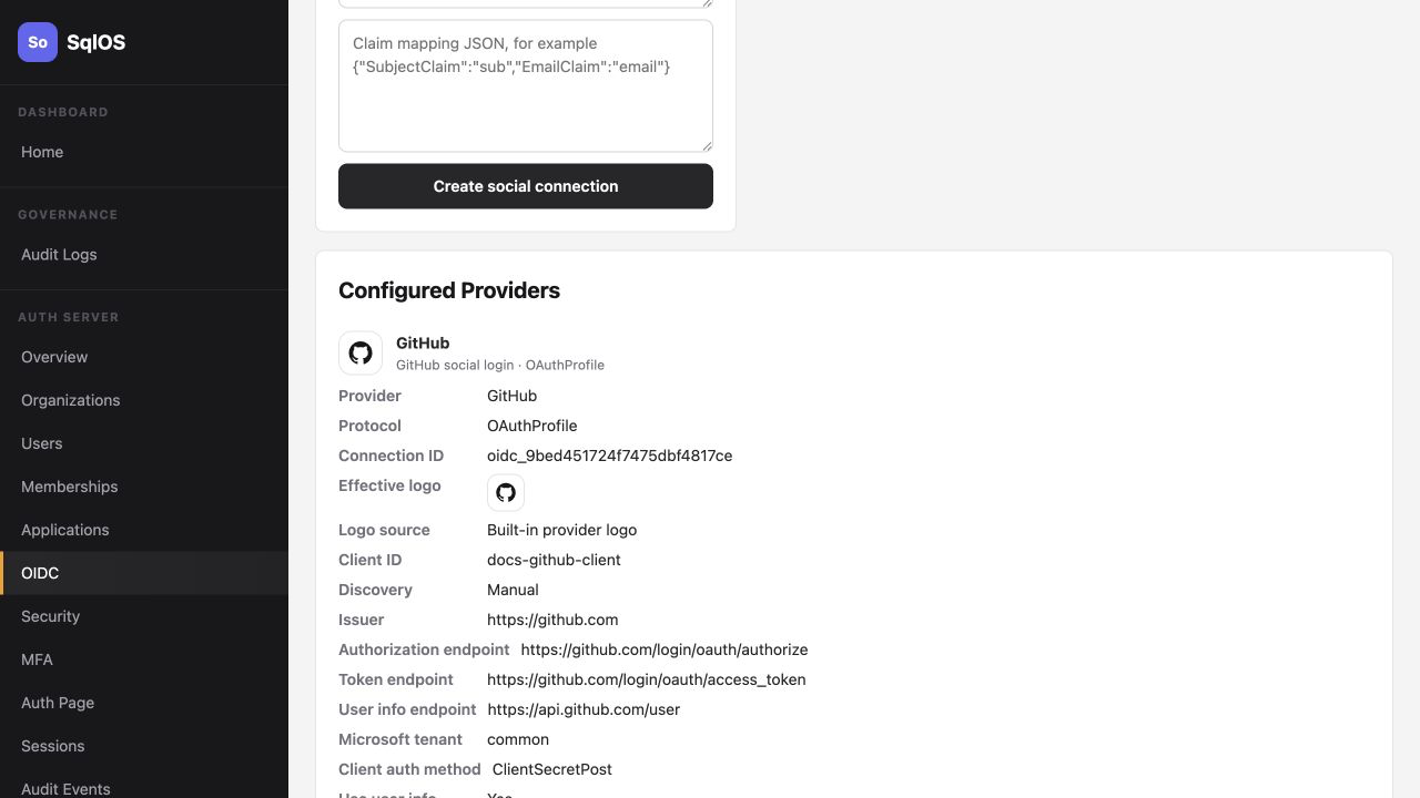 Configured GitHub provider in the dashboard