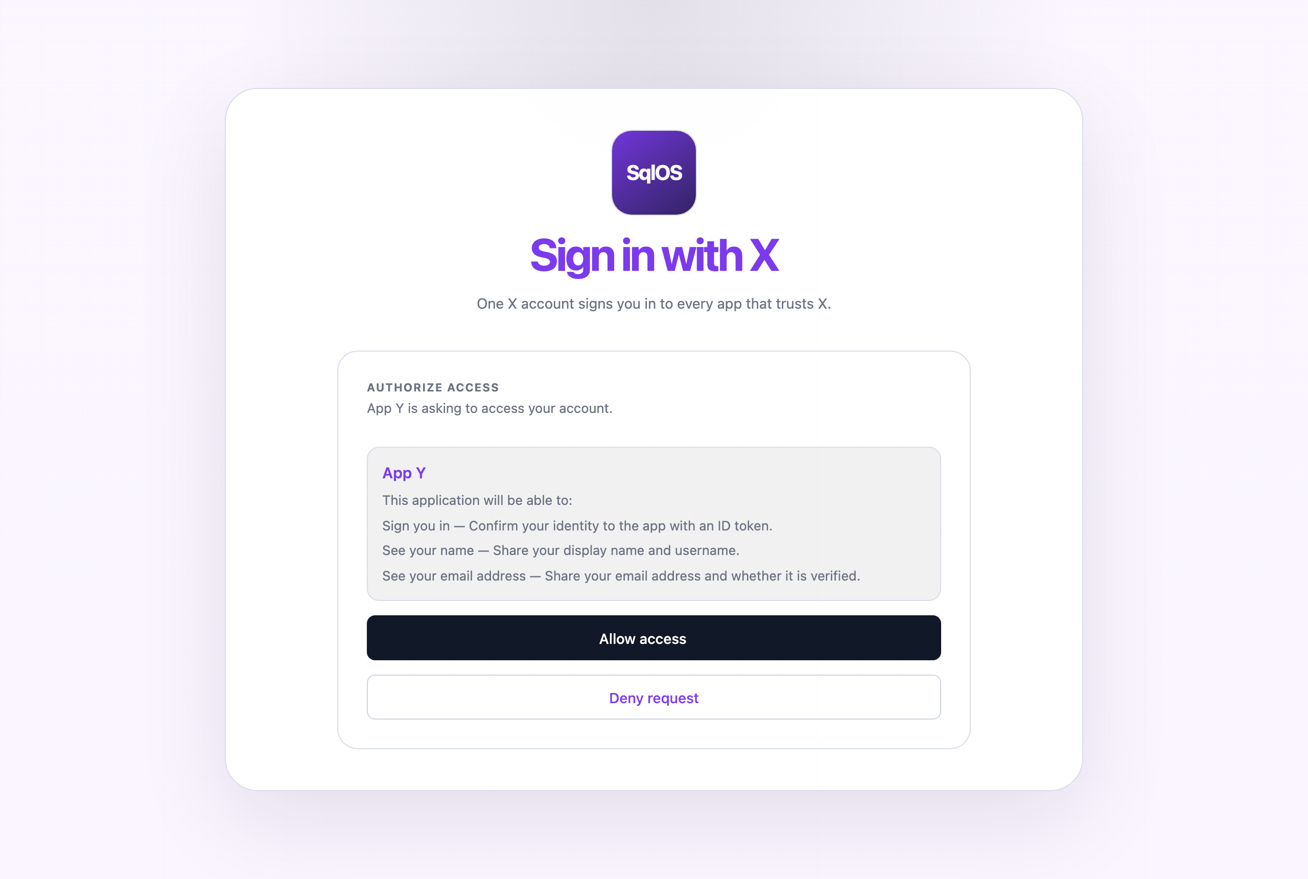 The SqlOS consent screen showing App Y's requested scopes by display name